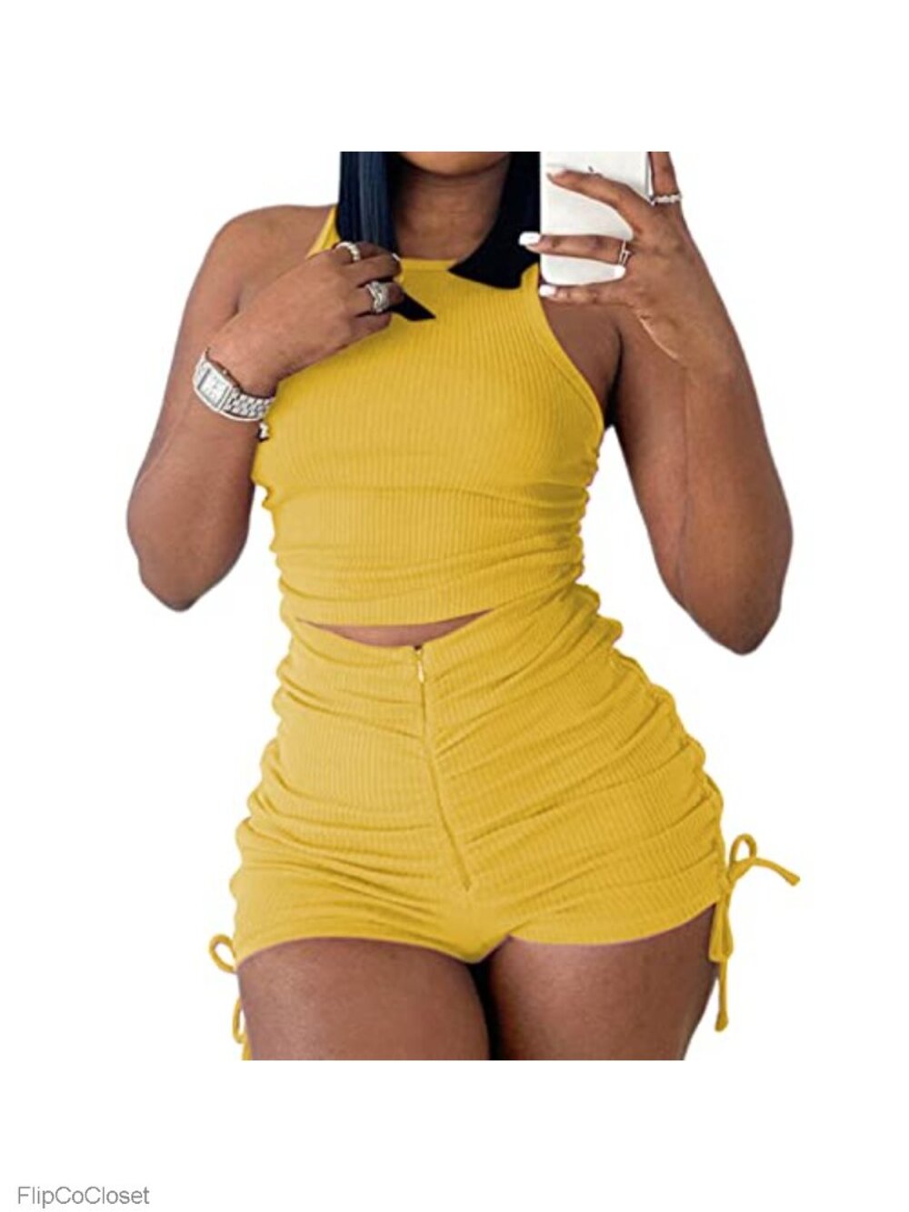 Women Two Piece Shorts Set Stretchy Ribbed Tank Crop Top Workout Tracksuit